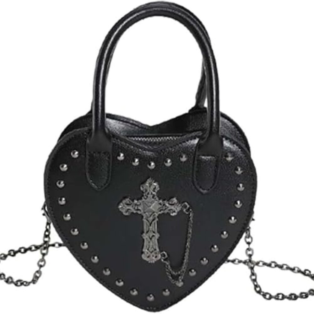 Amazon Black Gothic Studded Heart Cross Chain Crossbody Mini Bag
